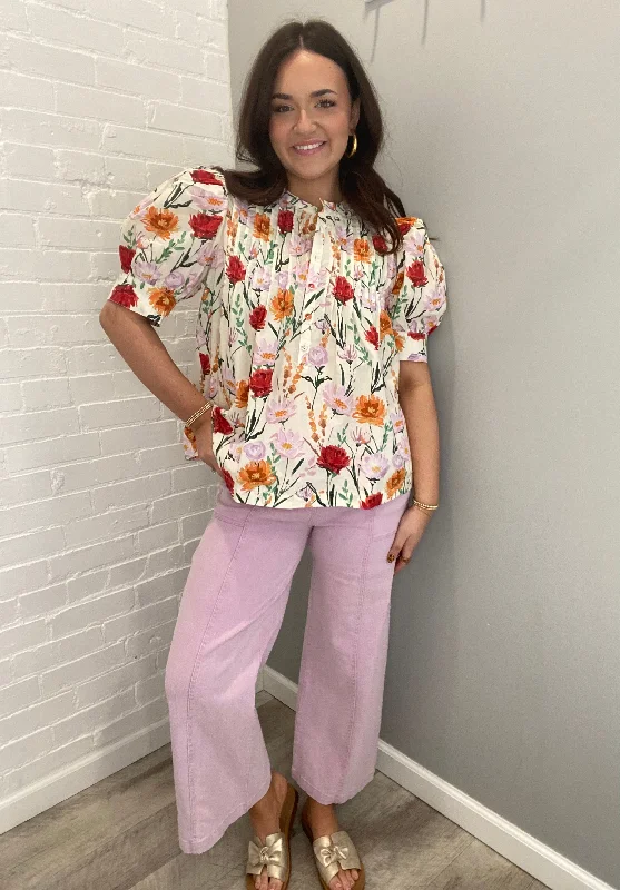 Blakely Floral Print Short Bubble Sleeve Peplum Pullover Top Asymmetrical Hem Sweater