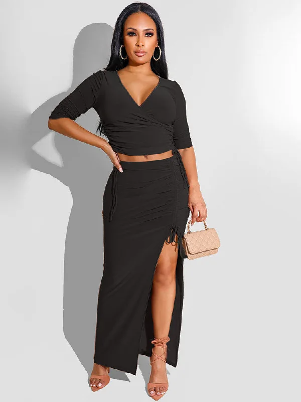 Two Piece Crop Top & Split Skirt Suits Fleece Nylon Spandex