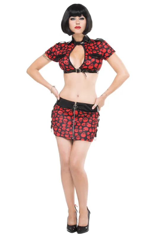 Skull Print Crop Top Zippered Front Buttoned Front Snap Front