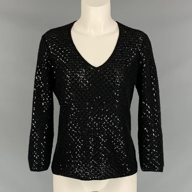 I.MAGNIN Size M Black Cashmere Sequined V-Neck Pullover Fine Merino Wool