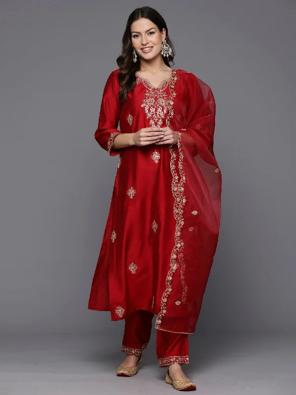Women's Red Embroidered Straight Kurta Trousers With Dupatta Set - Indo Era Trousers Flared Retro Women's Red Embroidered Straight Kurta Trousers With Dupatta Set - Indo Era Trousers Flared Retro