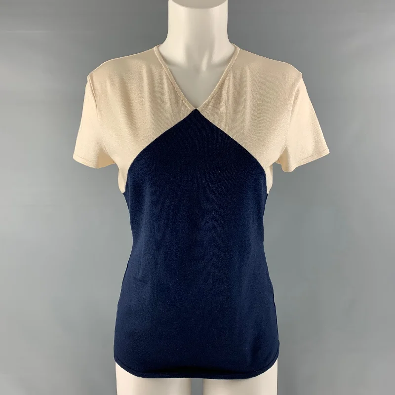 RALPH LAUREN Size M Cream and Navy Silk Blend Color Block Pullover Blouson Sleeve Pullover RALPH LAUREN Size M Cream and Navy Silk Blend Color Block Pullover Blouson Sleeve Pullover