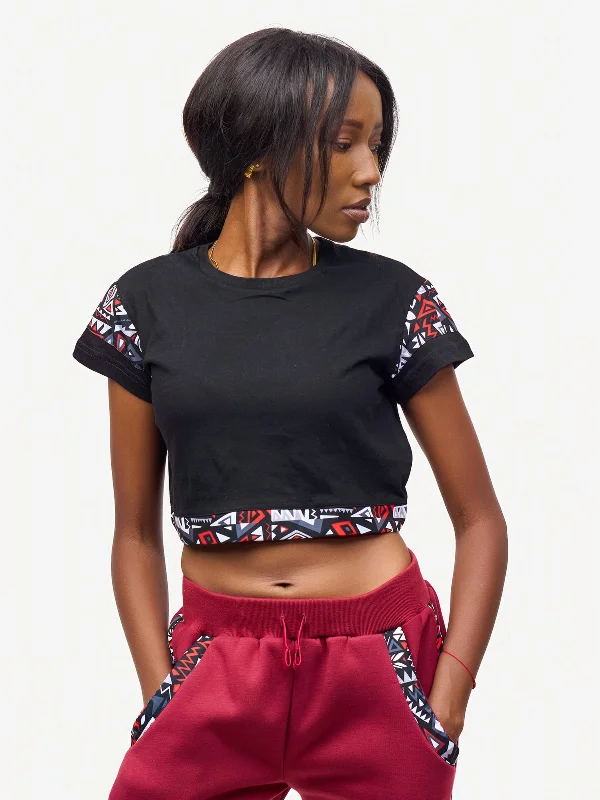Ladies Crop Top: Black with Red & Grey KK Chenille Blend Fleece Blend Nylon Blend