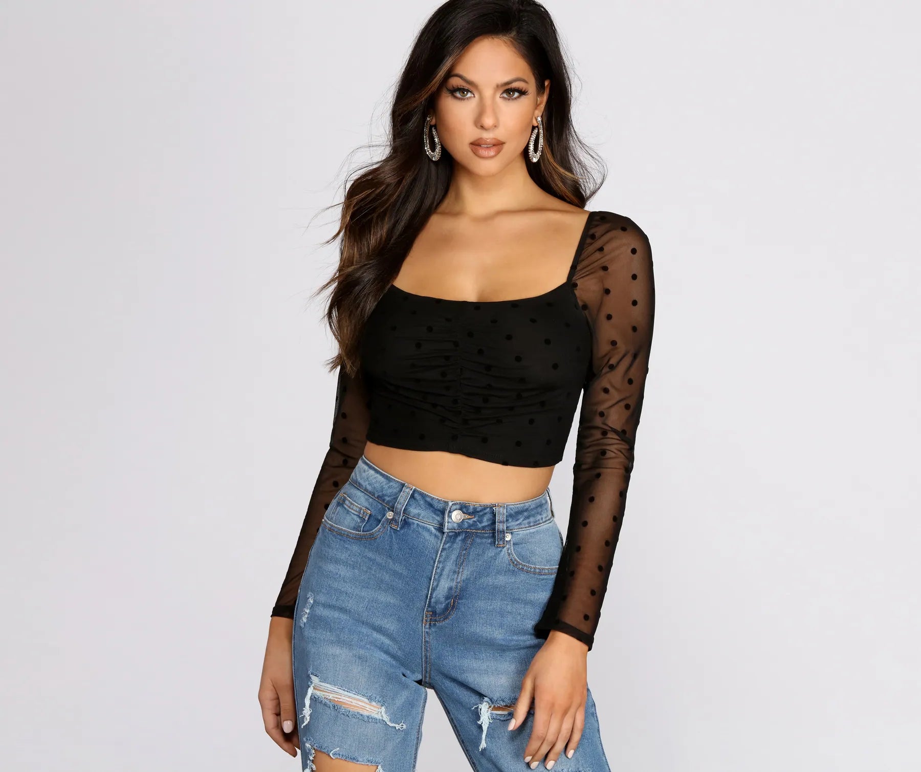 Polka Dot Princess Mesh Crop Top Fleece Nylon Spandex