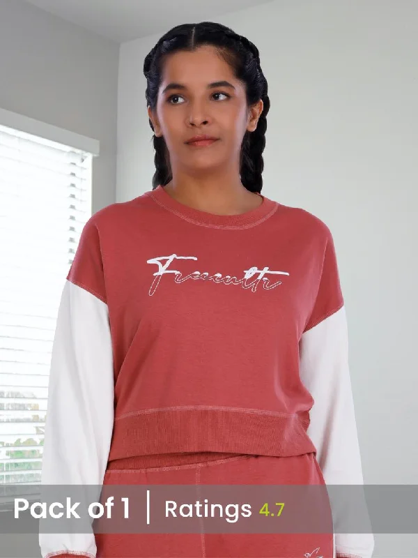 Brick Red Printed Crop Sweatshirt Hoodie with Sequins Glamorous Eye-catching