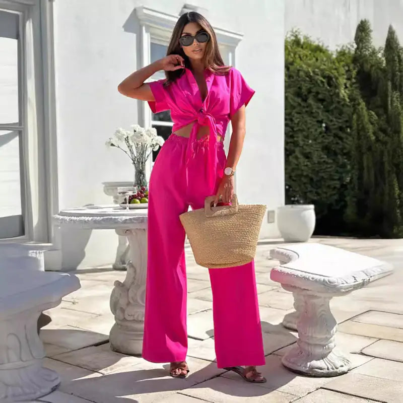 Elegant Short Sleeve and Trousers Set for Summer Casual Wear Trousers Running Lightweight Elegant Short Sleeve and Trousers Set for Summer Casual Wear Trousers Running Lightweight
