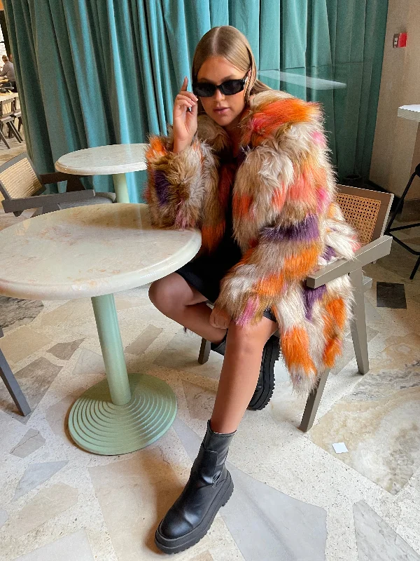 Glamorous Curve Orange /Combo Faux Fur Longline Coat Mesh Canvas Denim