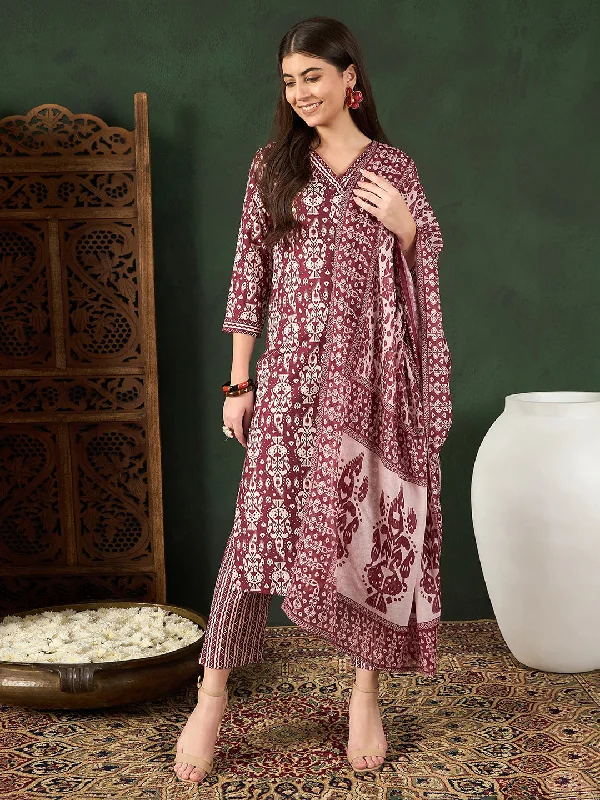 Women's Maroon Rayon Blend Ethnic Motifs Printed Straight Kurta Trouser With Dupatta - Ahika Trousers Fall Fleece