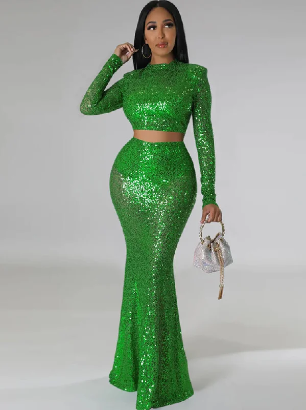 Two Piece Sequin Crop Top & Maxi Skirts Fashionable Trendy Casual