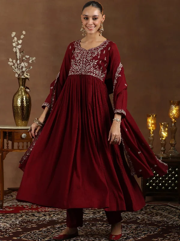 Maroon Yoke Design Silk Blend A-Line Kurta With Trousers & Dupatta Trousers Chinos Classic