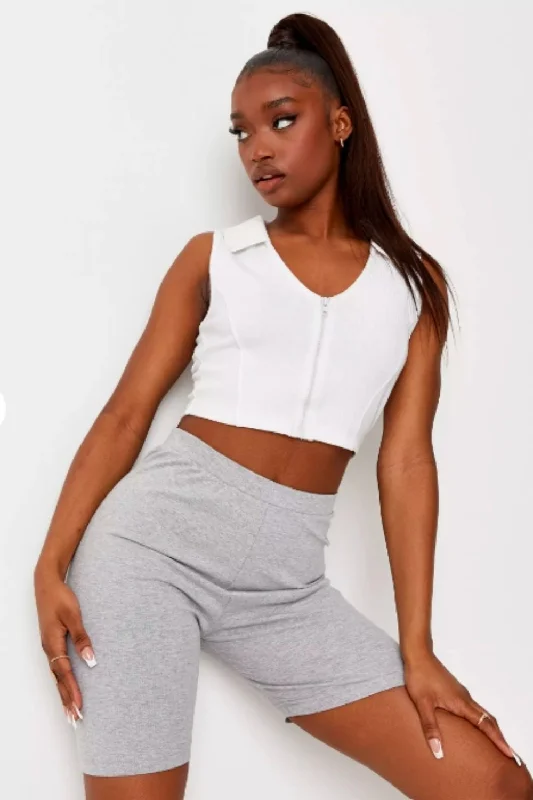 White V Neck Zip Up Crop Top Faux Fur Fabric Real Fur Fabric Shearling Fabric