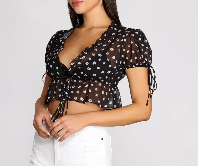 Flirty Floral Tie Front Crop Top Beaded Sequined Faux Fur