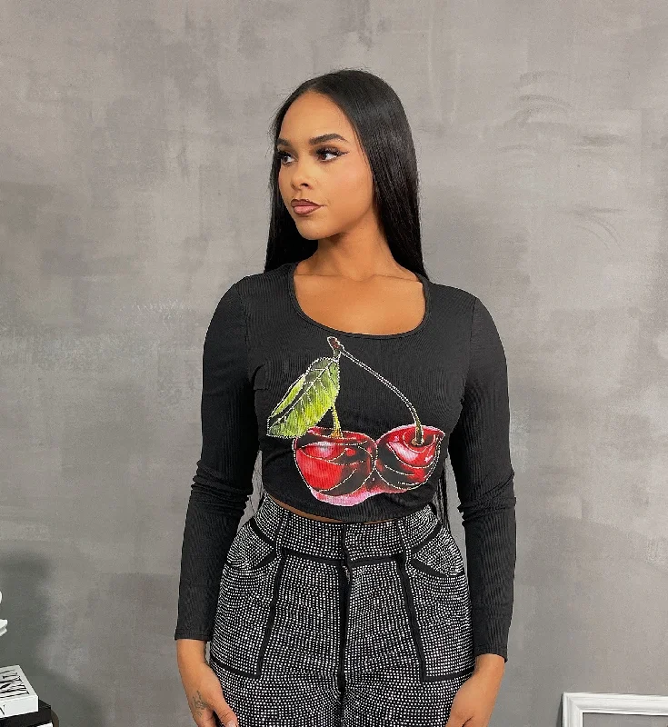 CH5801P - RHINESTONE CHERRY LS CROP TOP Cashmere Blend Cotton Blend Poly Blend