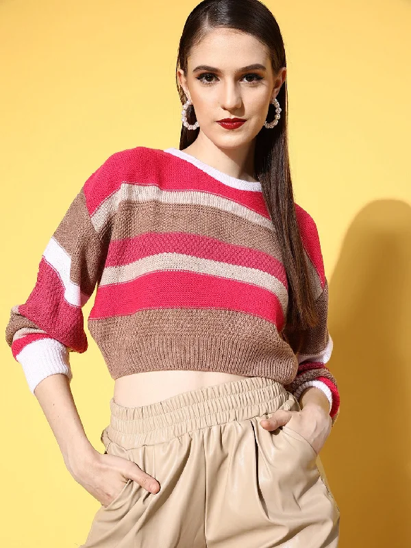 Berrylush Women Pink & Brown Striped Pattern Round Neck Acrylic Ribbed Hem Cropped Pullover Besom Neck Pullover