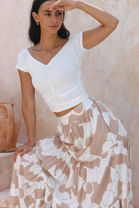 Kelsey White Reversible Ruched Crop Top Solid Color Striped Floral