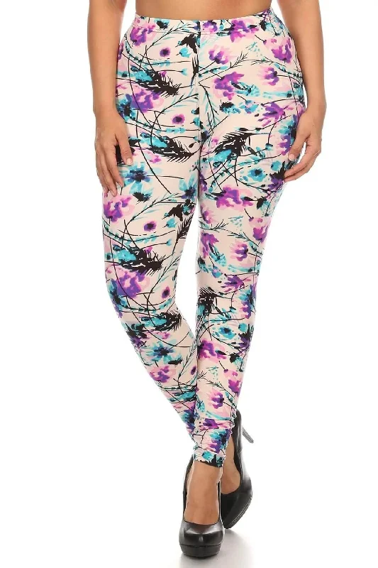 Blue Zone Planet | Plus Size Floral Print, Full Length Leggings In A Slim Fitting Style With A Banded High Waist Trendy High-Compression Leggings Blue Zone Planet | Plus Size Floral Print, Full Length Leggings In A Slim Fitting Style With A Banded High Waist Trendy High-Compression Leggings