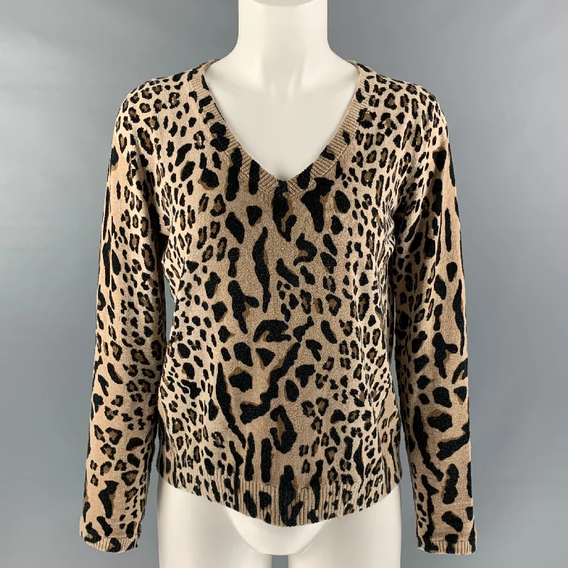 ATM Size S Beige and Brown Cotton & Cashmere Animal Print V-Neck Pullover Leg Sleeve Comfort ATM Size S Beige and Brown Cotton & Cashmere Animal Print V-Neck Pullover Leg Sleeve Comfort