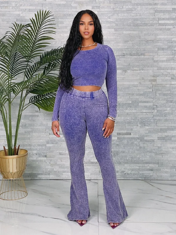 LF24555- WASHED CROP TOP & FLARE PANTS SET Satin Blend Silk Blend Wool Blend