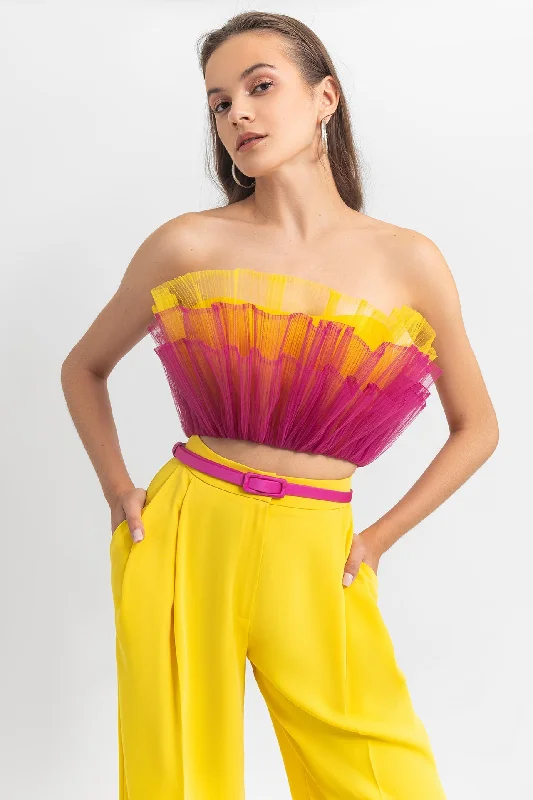 Ruffled tulle crop top with pants Lace Blend Ribbed Blend Corduroy Blend