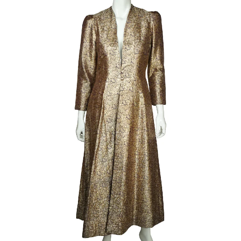 Vintage Gold Metallic Brocade Evening Coat 1960s Ladies Size Medium Turtleneck Wrap Cape