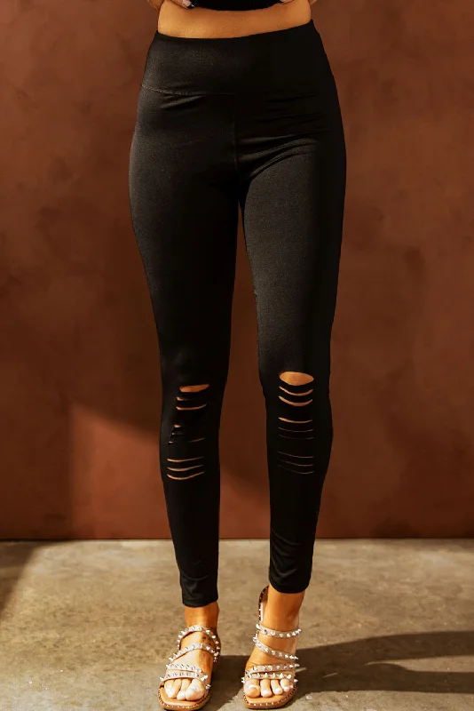 Black Cut-out Skinny High Waist Leggings Trendy Color Block Leggings