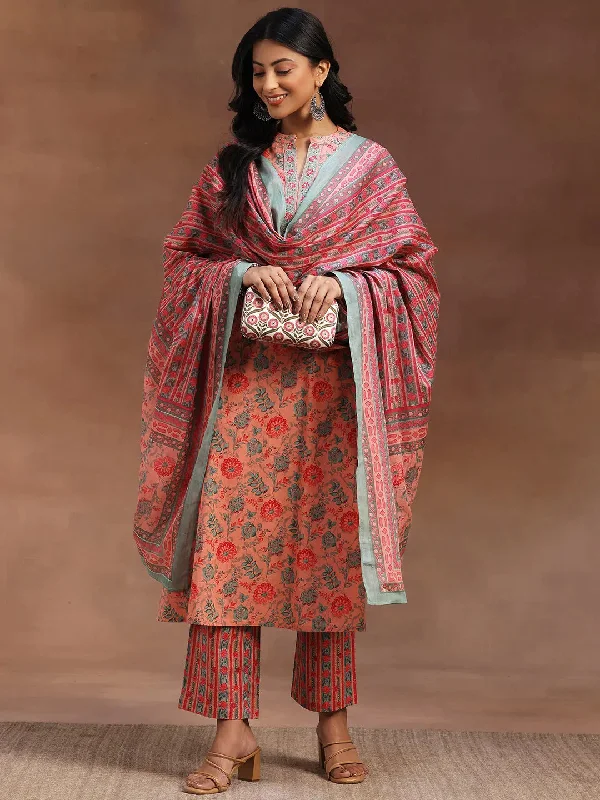 Peach Printed Cotton A-line Kurta With Trousers & Dupatta Trousers Fleece Cozy