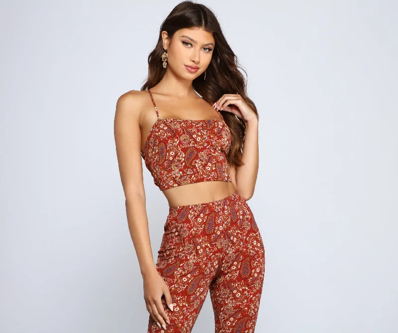 Paisley Chic Lace Up Crop Top Cashmere Blend Cotton Blend Poly Blend