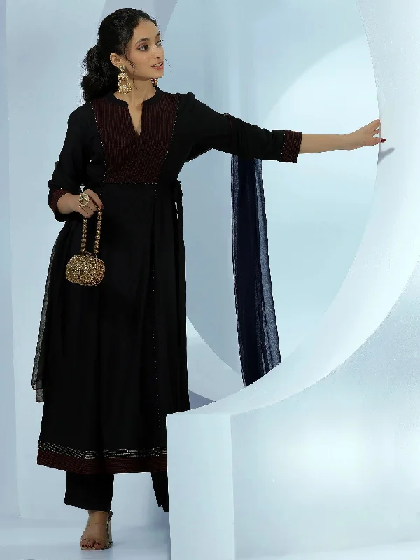 Black Yoke Design Viscose Rayon A-Line Kurta With Trousers & Dupatta Trousers fashionable chic