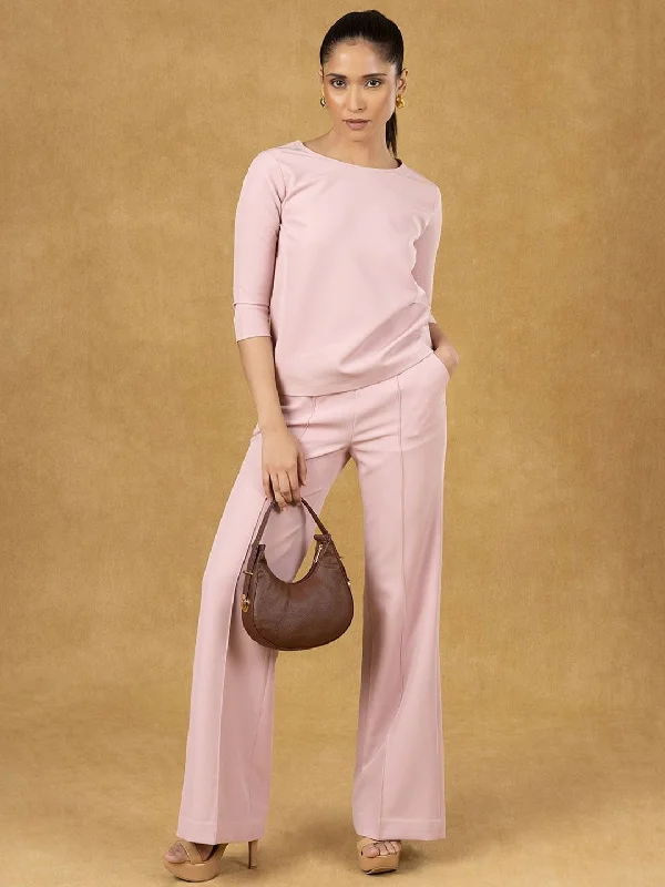 Pink Solid Boxy Top with Pullover Wide Leg Trousers Short Puff Sleeve