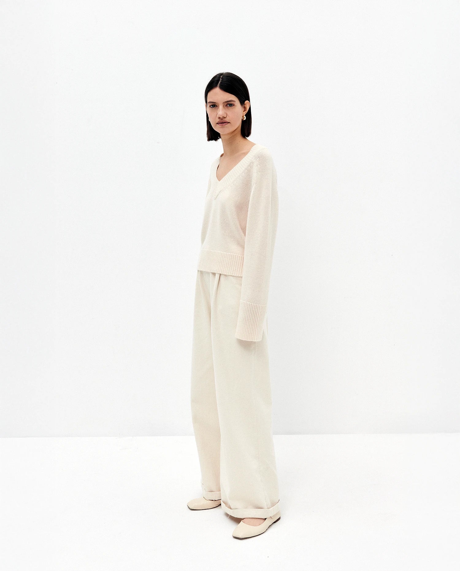Woll-Mischung Pullover in Creme - Kastiger Schnitt Surplice Neck Pullover