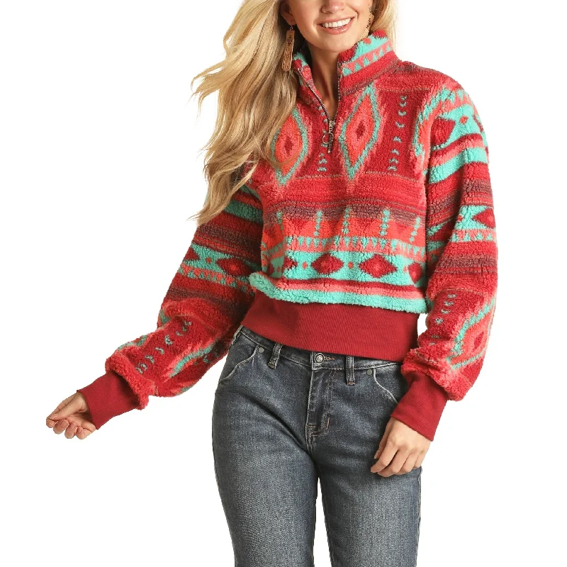 Rock & Roll Cowgirl Ladies Aztec Hot Pink Pullover 48T1182-67 Jewel Neck Pullover