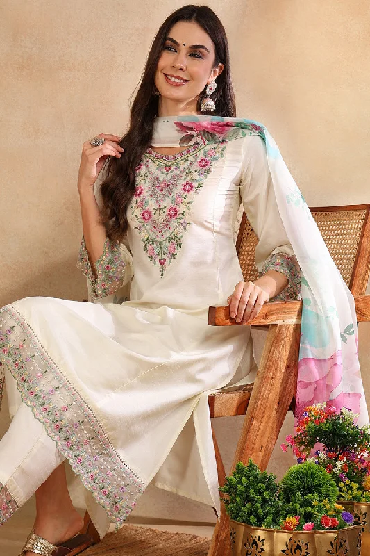 Women's Off White Silk Blend Solid Embroidered Straight Kurta Trouser With Dupatta - Ahika Trousers Trousers Formal Women's Off White Silk Blend Solid Embroidered Straight Kurta Trouser With Dupatta - Ahika Trousers Trousers Formal