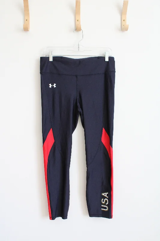 Under Armour Navy & Red Compression Leggings | L Casual Slim-Fit Leggings