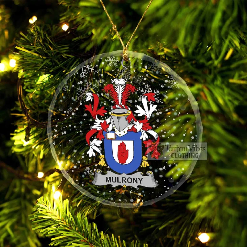 Mulrony Irish Clan Christmas Glass Ornament with Coat of Arms Sequined Lace Ribbed