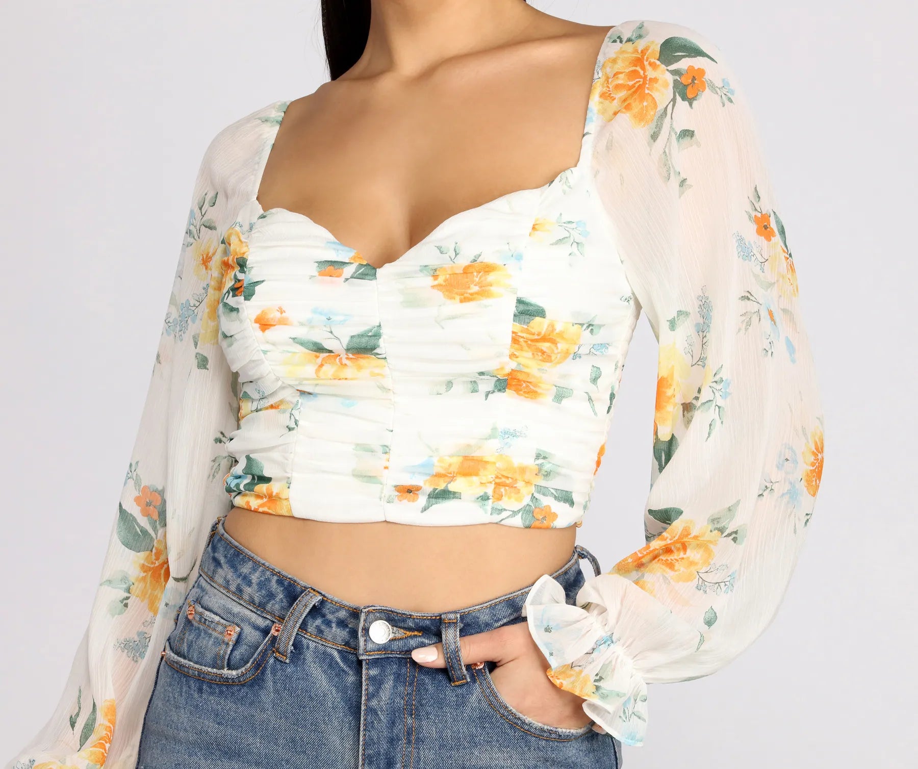 Floral Sweetheart Ruched Crop Top Modern Contemporary Chic