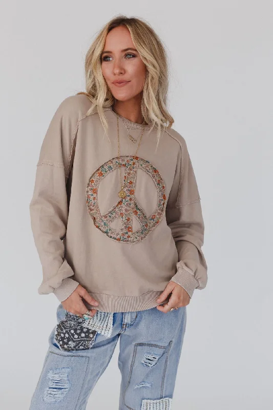 Jenny Floral Peace Sign Pullover Top - Mocha Oversized Cozy Pullover