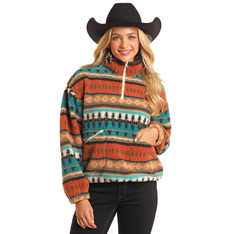 Panhandle Ladies Aztec Print Sherpa 1/4 Zip Pullover BW91C05208 Plunging Neck Pullover Panhandle Ladies Aztec Print Sherpa 1/4 Zip Pullover BW91C05208 Plunging Neck Pullover