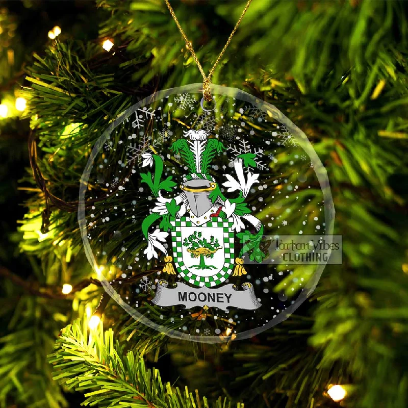Mooney Irish Clan Christmas Glass Ornament with Coat of Arms Bomber Denim Leather