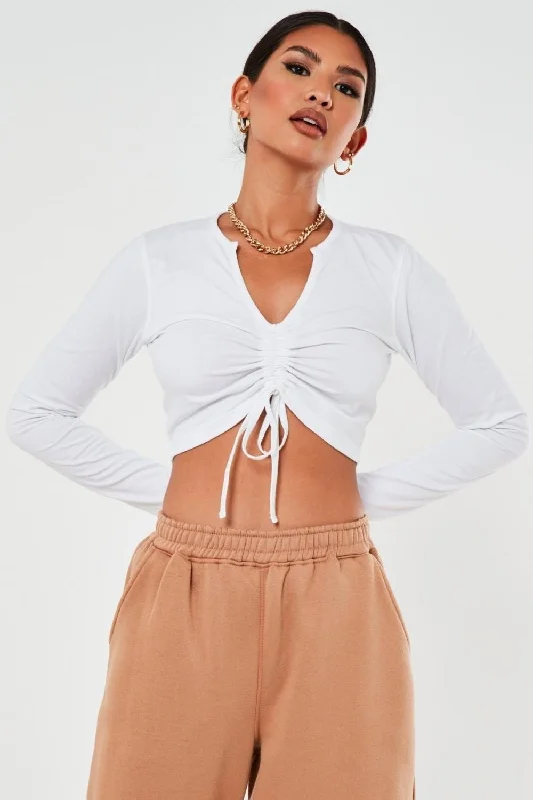 White Notch Neck Ruched Front Crop Top Houndstooth Herringbone Solid