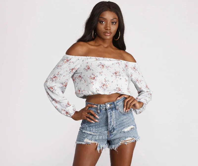 Floral Off The Shoulder Crop Top Knit Fabric Woven Fabric Fleece Fabric
