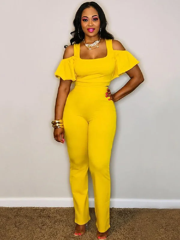 2 Piece Cold Shoulder Ruffle Sleeve Crop Top + Pants Sets Modern Contemporary Chic