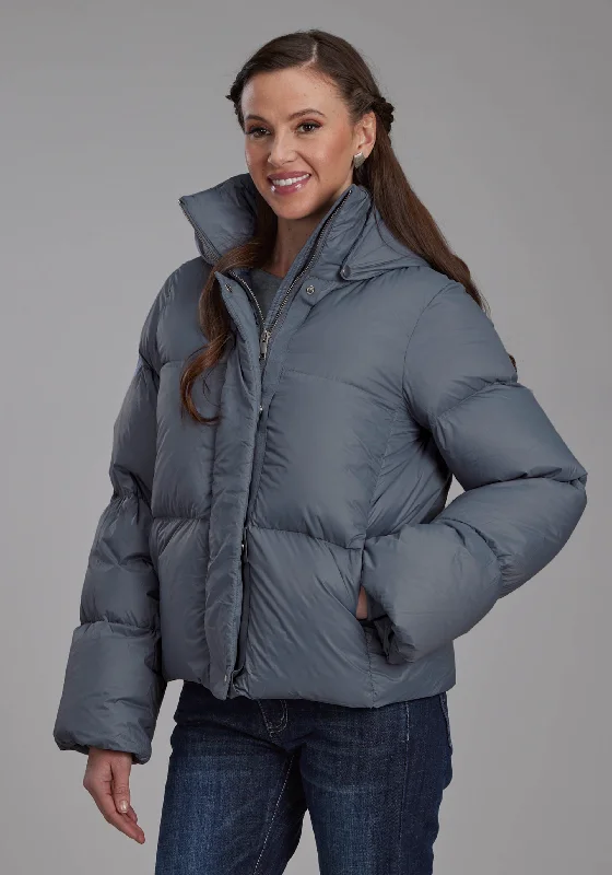 2165 SILVER BLUE NYLON DWN PUFFER COAT Buttoned Toggled Snapped