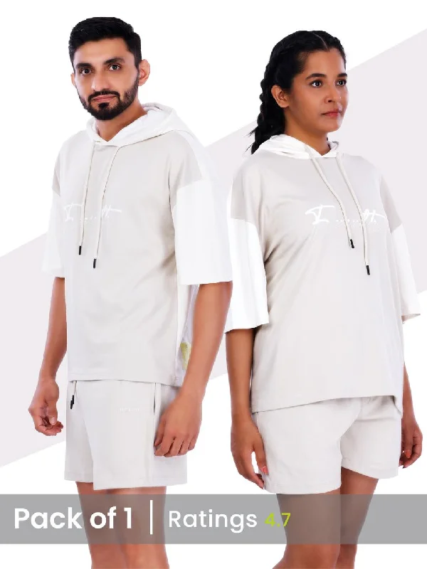 Unisex Ecru Colourblock Half Sleeve Sweatshirt Hoodie with Applique Textured Unique