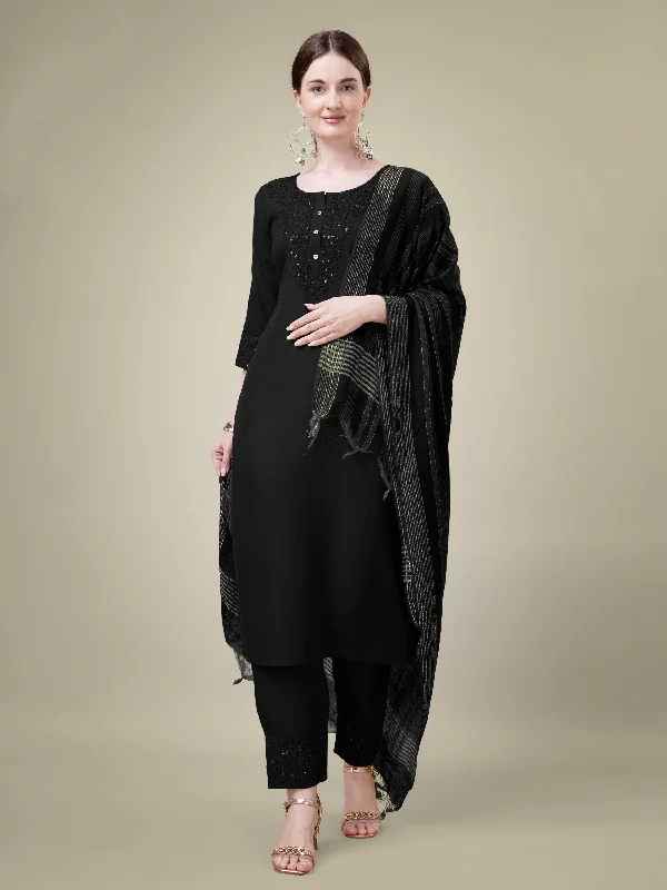 Women's Black Cotton Blend Embroidery & Sequence Work Kurta With Trouser & Dupatta - Jyoti Fashion Trousers Plaid Checkered