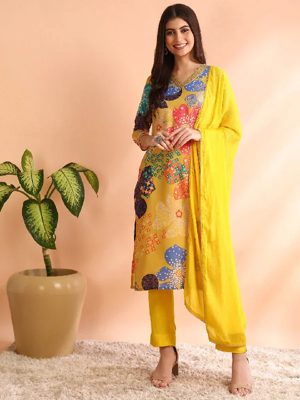 Women's Yellow Cotton Blend Floral Printed Straight Kurta Trouser With Dupatta - Ahika Trousers Culottes Wide Leg