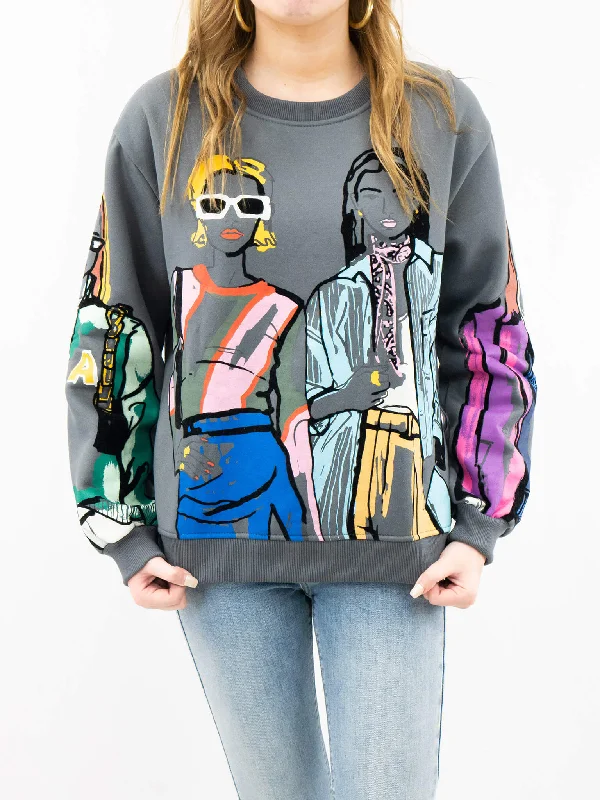 Graffiti Style Sketched Women Pullover Bell Sleeve Stylish