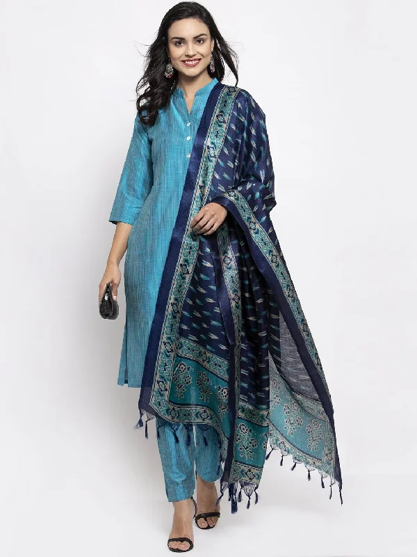 Women's Blue & Green Self Striped Kurta with Trousers & Printed Art Silk Dupatta - Jompers Trousers Prom Sequined Women's Blue & Green Self Striped Kurta with Trousers & Printed Art Silk Dupatta - Jompers Trousers Prom Sequined