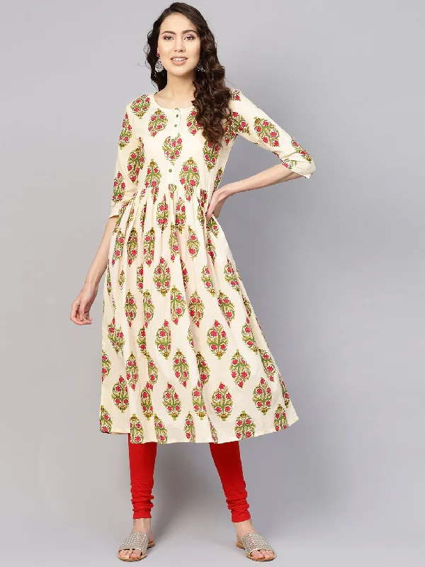 Women's Off-White & Green Printed Midi Fit And Flare Dress - Nayo Clothing Comfortable Short Sleeve Midi Dress