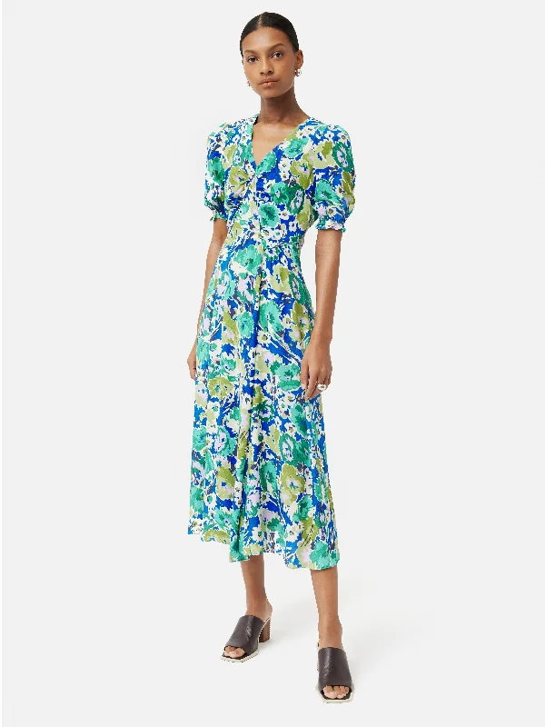 Abstract Meadow Midi Tea Dress | Green Comfortable Casual Midi Dress