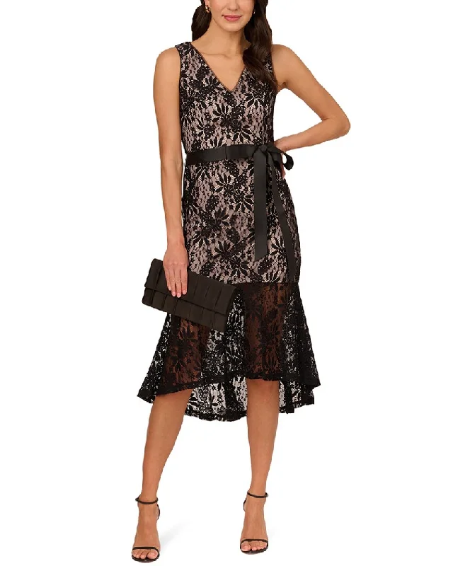Adrianna Papell Lace Midi Flounce Dress Fashionable Off-Shoulder Dress Midi